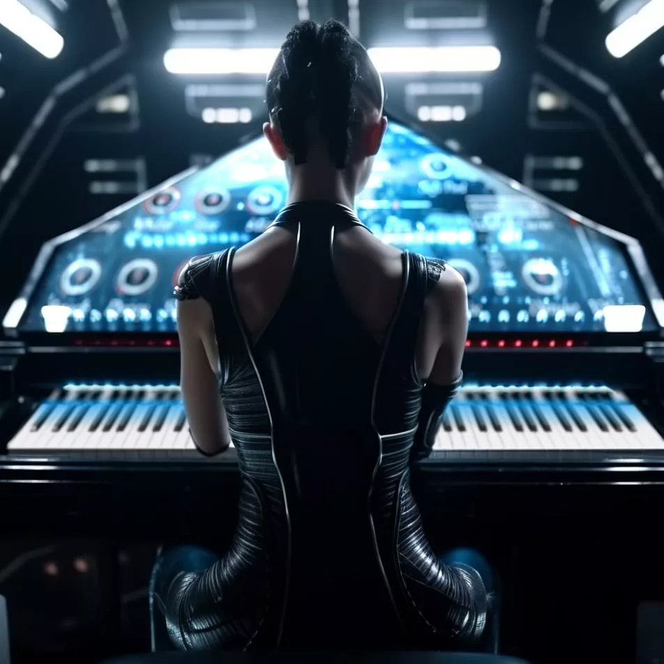 woman playing a synth piano