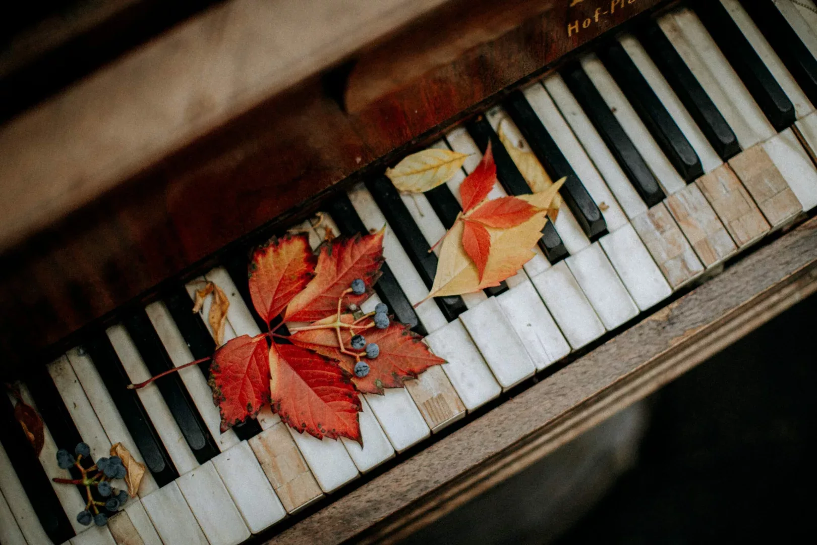 Upright piano with leaves